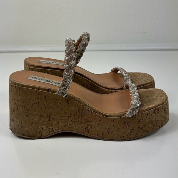 Steve Madden Danya Wedge Sandals Womens 9M Platform Slip On Silver Strap Tan - Picture 2 of 11